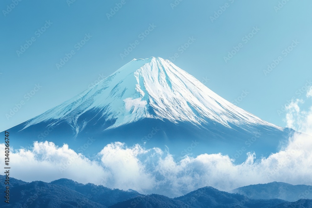 Serene vista of iconic Mount Fuji shrouded in ethereal clouds against a tranquil blue sky Japan landscape photography Serene vista of iconic Mount Fuji shrouded in ethereal clouds against a tranquil blue sky Japan landscape photography