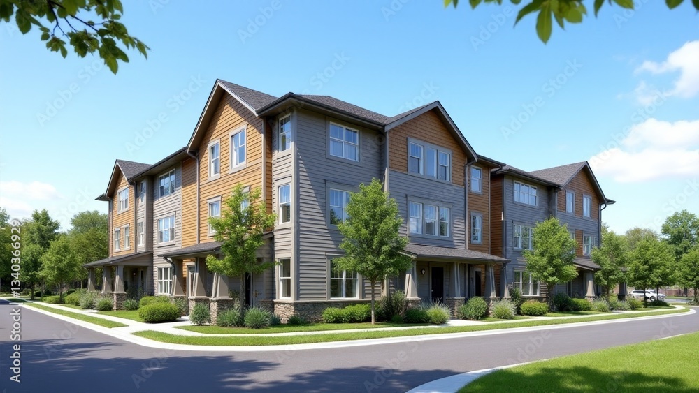 Modern Townhouses with Landscaping on Sunny Day Modern Townhouses with Landscaping on Sunny Day