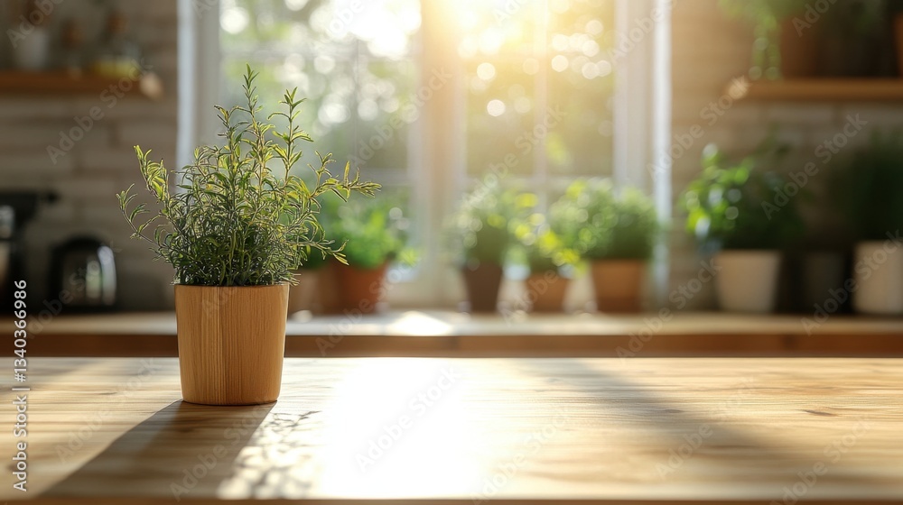 Fototapeta premium Serene kitchen scene featuring a potted rosemary plant on a wooden table bathed in sunlight creating a warm and inviting atmosphere