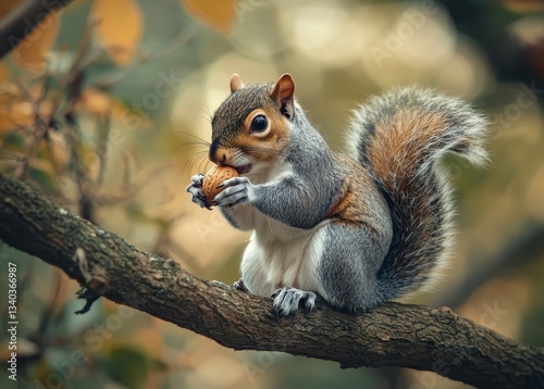 Grey Squirrel Eating Acorn on Tree Branch in Autumnal Forest