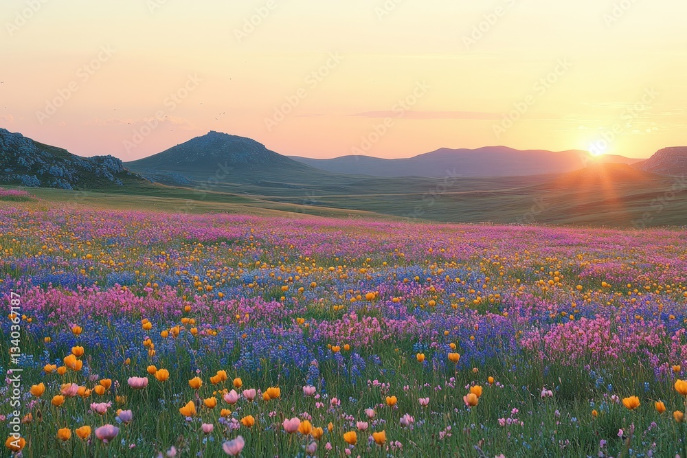 Fototapeta premium Sunrise over a colorful wildflower meadow in mountains