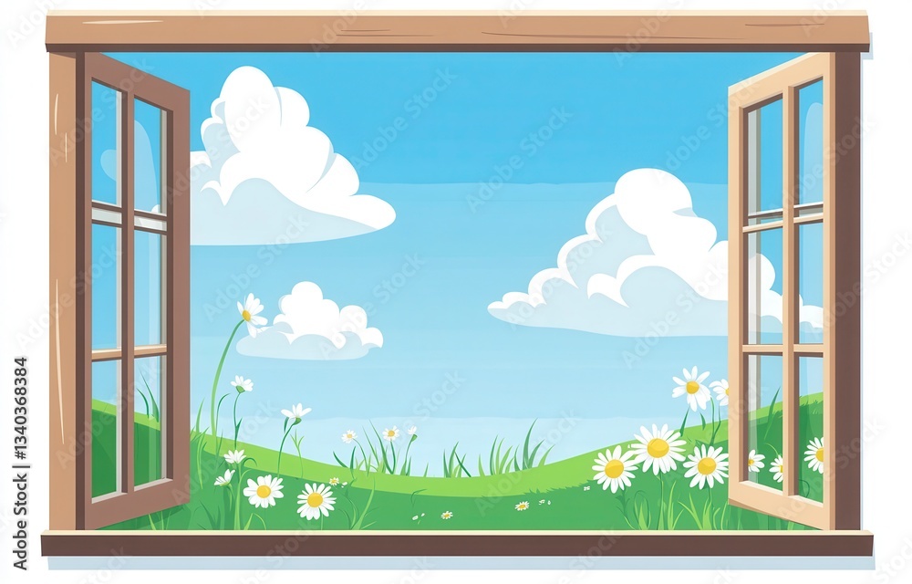 Fototapeta premium Open Window View of a Sunny Day with Daisies