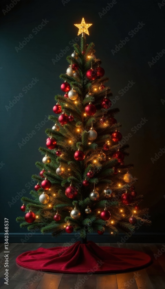 A beautifully decorated Christmas tree standing alone in a dark room, Holiday, Ornaments A beautifully decorated Christmas tree standing alone in a dark room, Holiday, Ornaments