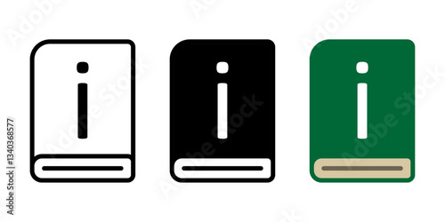 Information book icons in outline, solid black, and green. This vector illustration represents knowledge, reference, and education. Perfect for libraries, digital resources, and learning materials.  