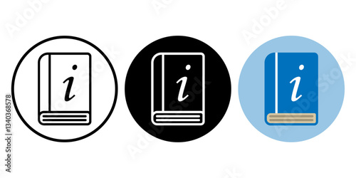 Information book icons in outline, solid black, and blue circular styles. This vector illustration represents knowledge, reference, and education. Ideal for libraries, websites, and learning materials