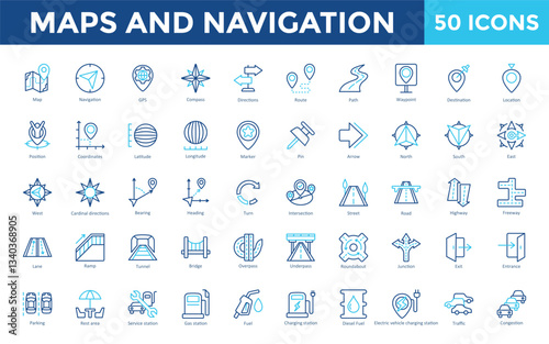 Maps and Navigation icon set with map, navigation, gps, compass, directions, route, path, waypoint, destination, location icon. Simple outline color vector 
