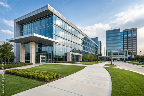 New modern corporate office building exterior. Exterior of modern corporate office building in office park.