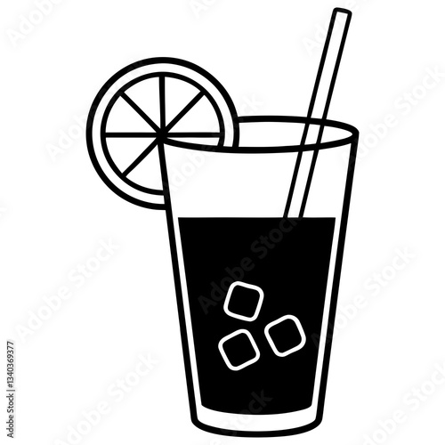 Black and White Cocktail Glass Icon with Ice Cubes and Lemon Slice – Vector Illustration