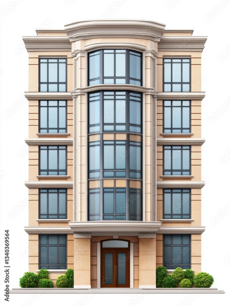 Obraz premium Elegant facade of a modern residential building with symmetrical windows and lush green shrubbery at the entrance
