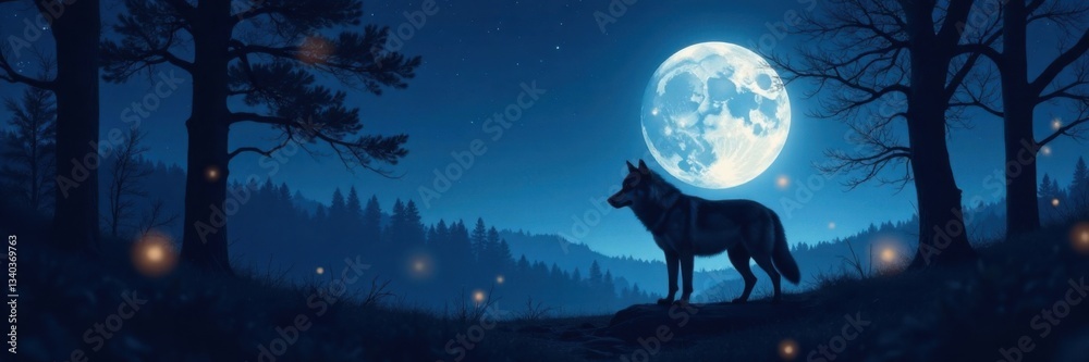 A lone wolf stands in a desolate forest, silhouetted against a full moon and stars , night, landscape