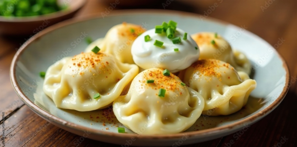 A plate of freshly made pierogi with a dollop of sour cream and chives on top, dumplings, cooking A plate of freshly made pierogi with a dollop of sour cream and chives on top, dumplings, cooking