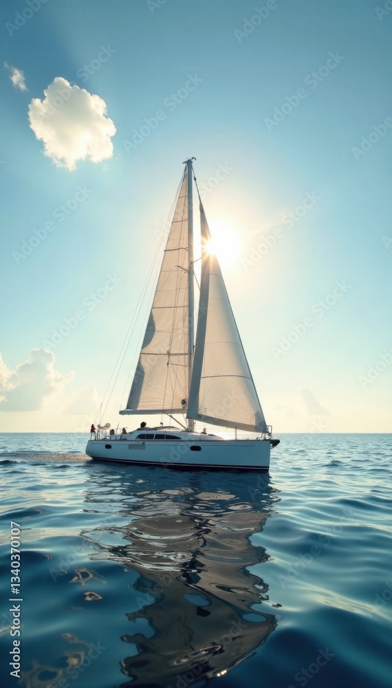 Fototapeta premium A sailboat sailing on a calm sea with sunlight filtering through the sails, harbor, waves, water