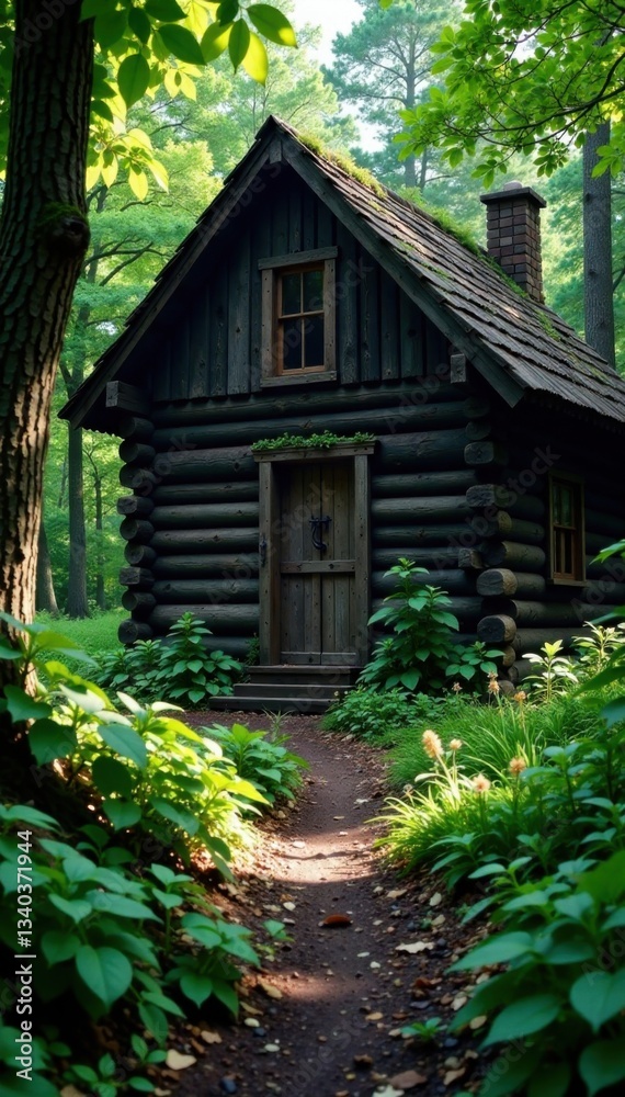 Ancient cabin surrounded by dark wood planks and overgrown vegetation, overgrown plants, ancient cabin Ancient cabin surrounded by dark wood planks and overgrown vegetation, overgrown plants, ancient cabin