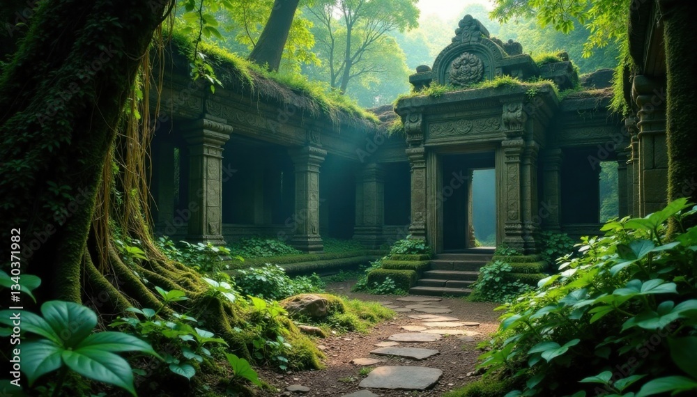 Ancient, ruined temple in jungle with vines and moss, green, overgrown Ancient, ruined temple in jungle with vines and moss, green, overgrown