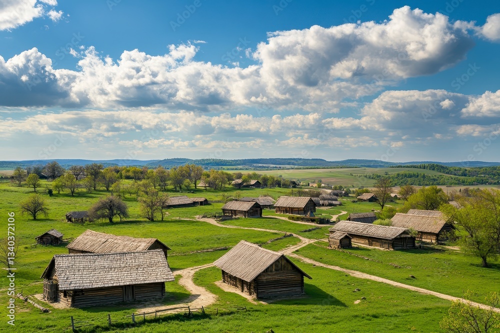 Sunny Day View of a Rural Village with Wooden Houses and Thatched Roofs Sunny Day View of a Rural Village with Wooden Houses and Thatched Roofs