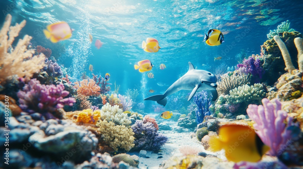 Naklejka premium A beautiful dolphin swims gracefully in the vibrant coral reef waters