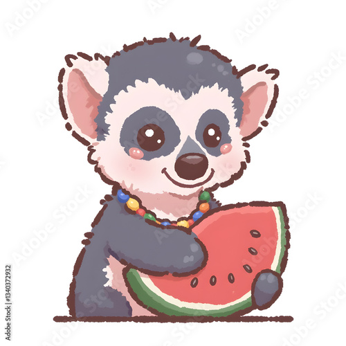 Cute Lemur with Watermelon Cartoon