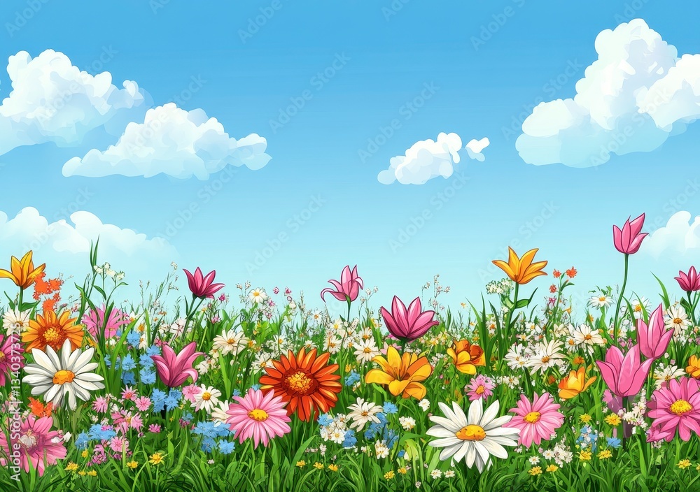 Fototapeta premium Vibrant Wildflower Meadow Under a Sunny Blue Sky