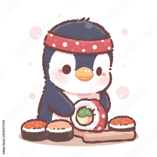 Cute Penguin Chef Making Sushi Cartoon