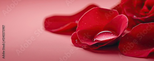 Macro flowers landscapes concept. Close-up of a red rose petal with a water droplet on a soft pink background.