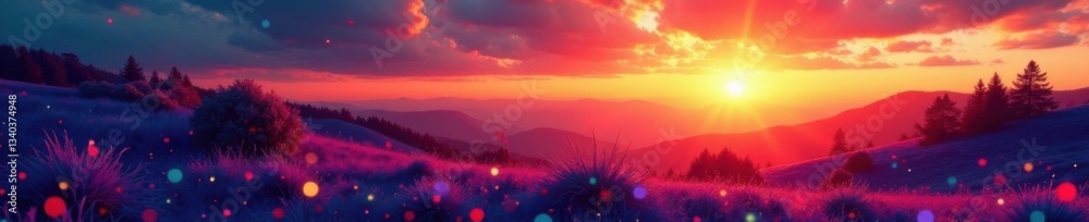Fototapeta premium Bright geometric patterns of colorful dots covering a serene landscape at sunset, vibrant colors, sunset effect