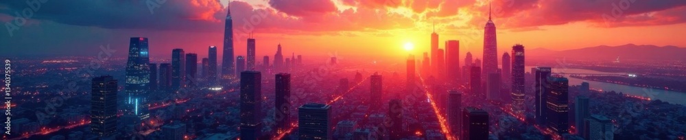 Fototapeta premium Blueprint-inspired design on a futuristic cityscape at sunset, urban landscape, design element