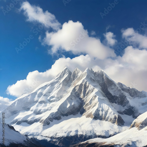 Majestic Snow-Covered Mountain Peaks Against a Clear Blue Sky, Radiating Grandeur and Awe