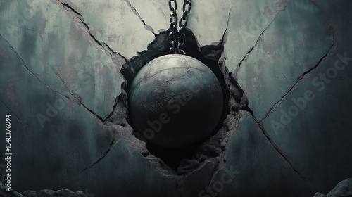 A dramatic view of a wrecking ball poised to break through a concrete wall, symbolizing destruction and transformation in urban settings.