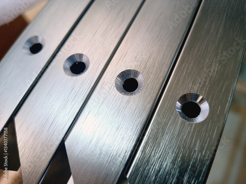 a hole in the aluminum metal. made with chamfer or countersink on aluminum profile. taken in close-up in natural light