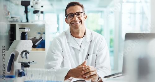 Fotografie Confident, happy man or portrait of scientist in laboratory for chemical experiment with medical technology