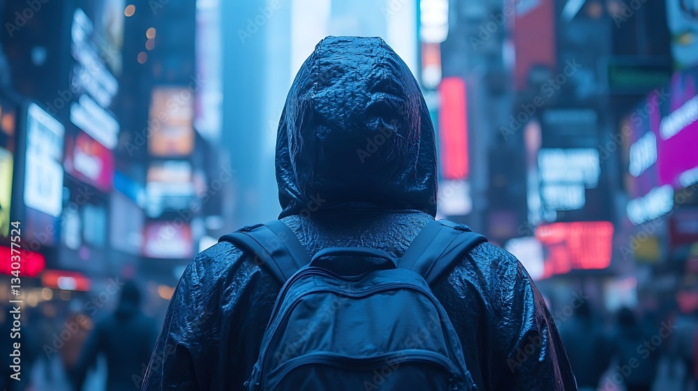 Obraz premium Person in hooded jacket with backpack facing away from bright city lights.