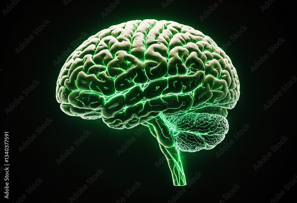 glowing green brain illustration with intricate neural network on dark background, scientific mind design glowing green brain illustration with intricate neural network on dark background, scientific mind design