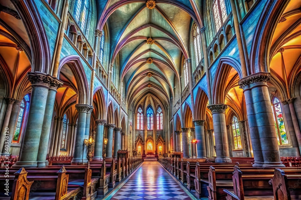 Fototapeta premium Majestic Gothic Cathedral Interior: High Pillars, Altar, and Aisle