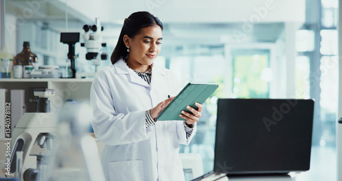 Obraz na plátně Tablet, woman and scientist in laboratory for experiment on healthcare innovation with bio medical research