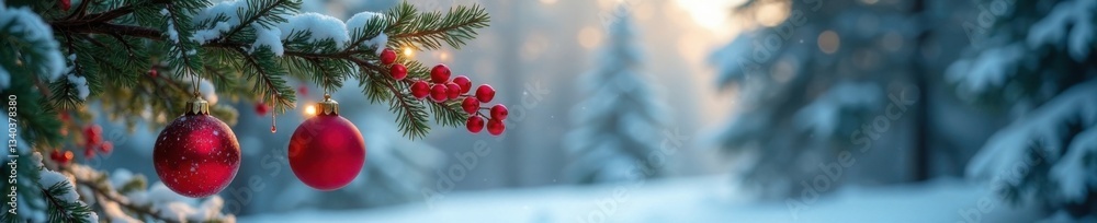 Christmas tree branch with ornaments and red berries in a snow-covered forest, branches, ornaments Christmas tree branch with ornaments and red berries in a snow-covered forest, branches, ornaments