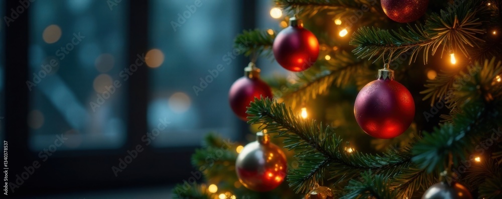 Fototapeta premium Christmas tree decorated with lights and ornaments, colorful, garlands