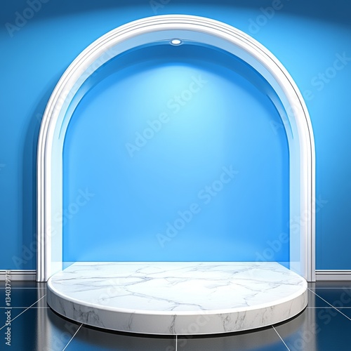 Presentation space on display with a showcase podium, archway, and minimalist design for elegant products, marble textures and illuminated background