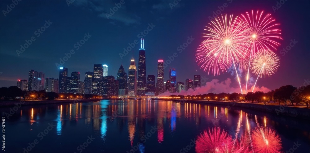 Fototapeta premium Cityscape at night with fireworks and sparkling lights on a new year's eve backdrop, fireworks explosion, cityscape