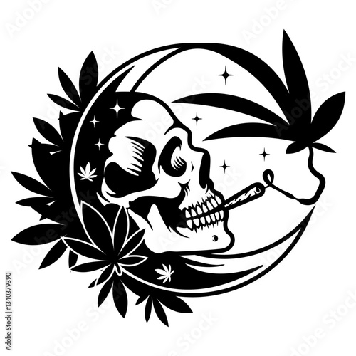 Skull Moon | Smoking Skull in Moon | 420 Cannabis | Half Moon Skull | Skull Face | Halloween | Celestial Skull | Dead Moon | Original Illustration | Vector and Clipart | Cutfile and Stencil