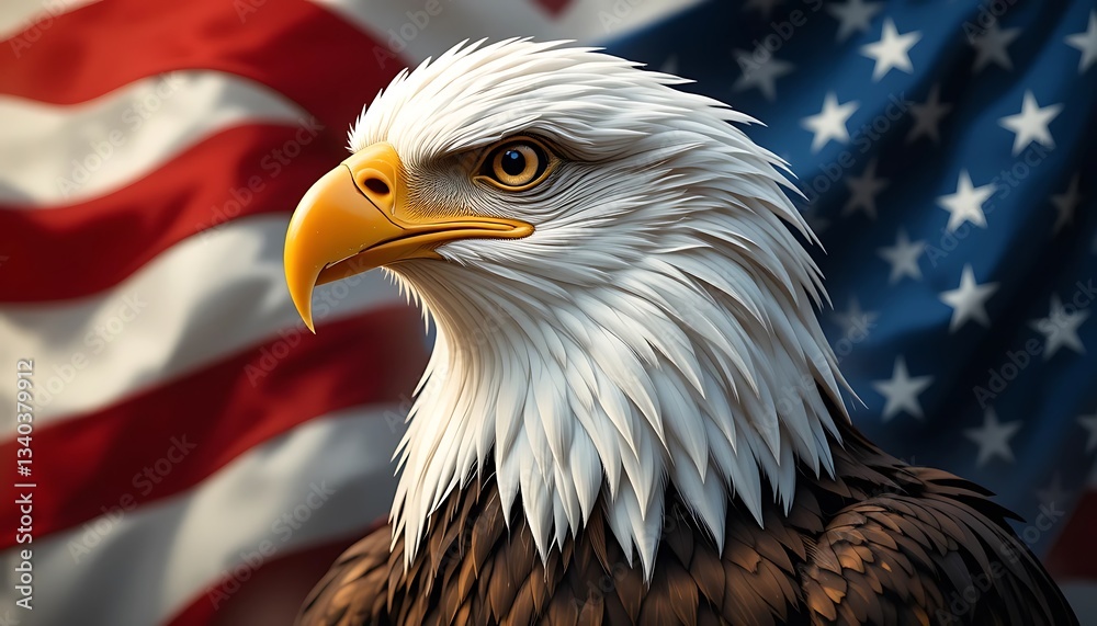 Obraz premium Bald Eagle Profile with Waving Flag Background Symbolizing Patriotism