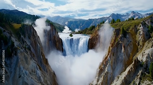 Majestic waterfall cascading into serene tropical pool - aerial photography of nature's wonder