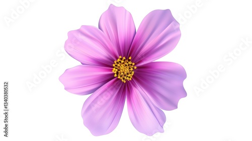 A beautiful pink flower that features delicate petals and has yellow stamens is showcased all by itself on a white background, highlighting the capabilities of generative AI. The flower's fine details