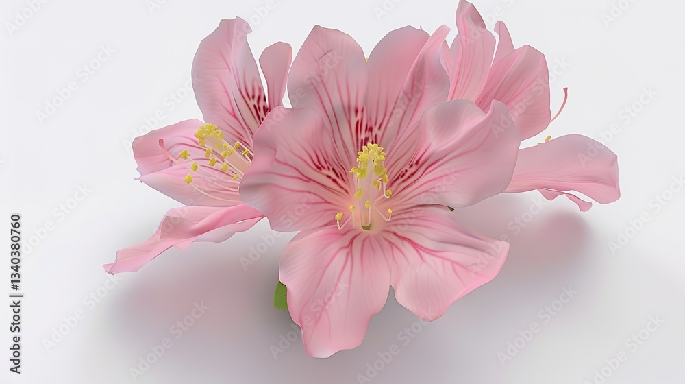 Obraz premium A beautiful pink flower that features delicate petals and has yellow stamens is showcased all by itself on a white background, highlighting the capabilities of generative AI. The flower's fine details