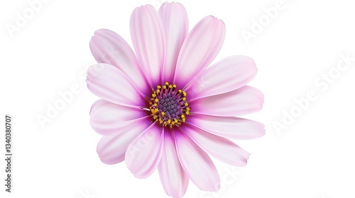 A beautiful pink flower that features delicate petals and has yellow stamens is showcased all by itself on a white background, highlighting the capabilities of generative AI. The flower's fine details