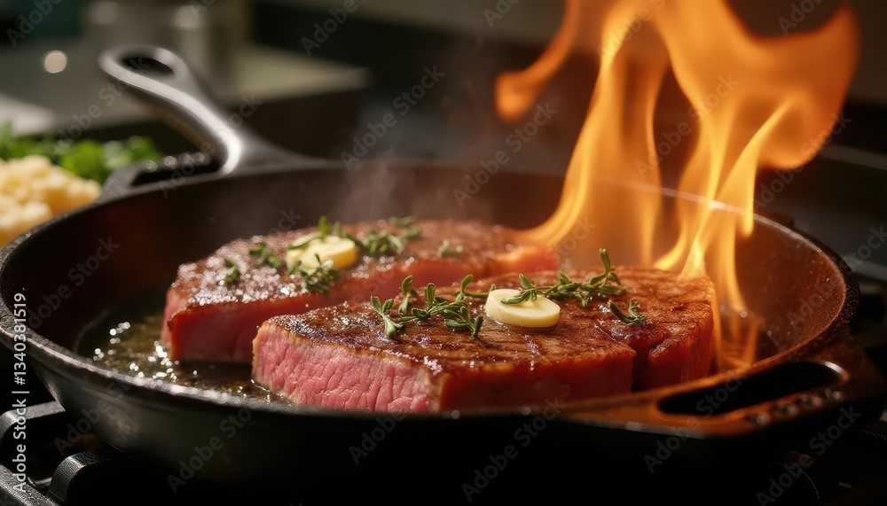 Fototapeta Beef strip steak sizzling hot in traditional cast iron skillet with melting butter garlic and fresh thyme flames visible during cooking process professional culinary preparation