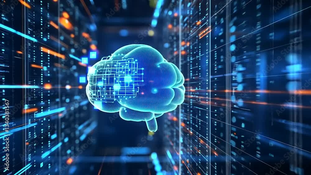 Futuristic digital brain surrounded by glowing data streams and binary code in a tech environment