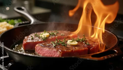 Fototapeta samoprzylepna Beef strip steak sizzling hot in traditional cast iron skillet with melting butter garlic and fresh thyme flames visible during cooking process professional culinary preparation