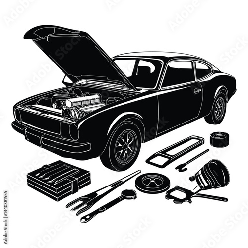 Car Restoration Silhouette, Vector, Icon, Logo, White Background.