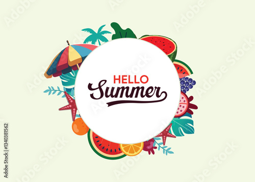 Hello summer abstract background with summer fruits, tropical , star fish, summer sale banner, poster design. Vector illustration