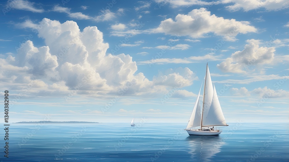 Obraz premium A serene seascape featuring a single sailboat gliding across calm, azure waters under a bright blue sky.